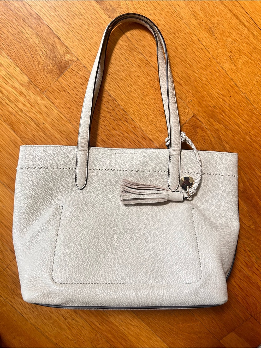 Cole Haan Cream Pebbled Leather Shoulder Tote with Braided Tassel Charm